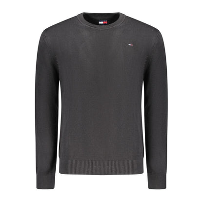 Tommy Hilfiger Black Cotton Men Sweater with embroidery and logo, crew neck style, made of 95% organic cotton, sleek and stylish design.