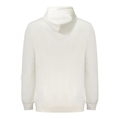 Back view of the Tommy Hilfiger White Cotton Men Sweater featuring hood and long sleeves, made from 95% regenerative cotton for eco-friendly comfort.
