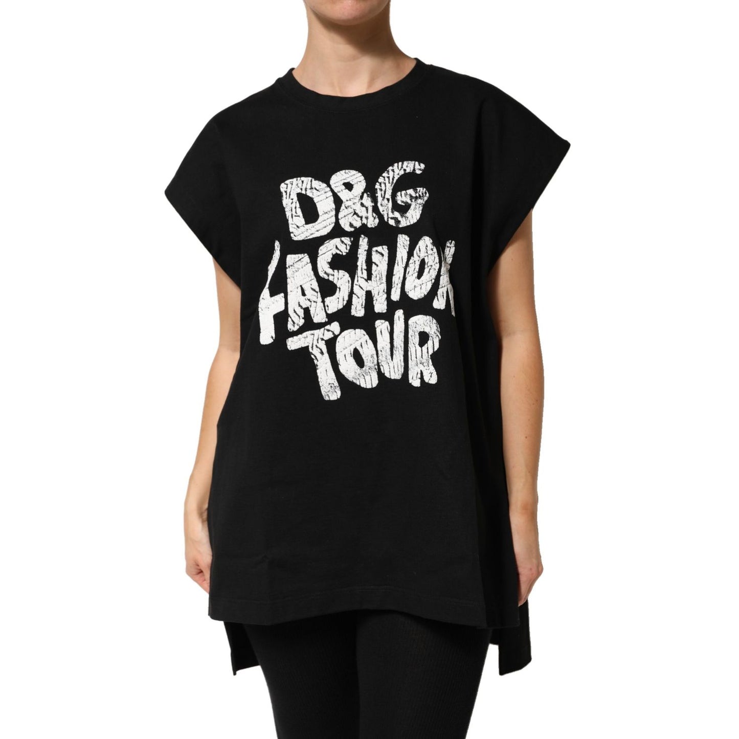 Dolce & Gabbana Black Cotton Sleeveless DG Fashion Top with D&G Fashion Tour print.