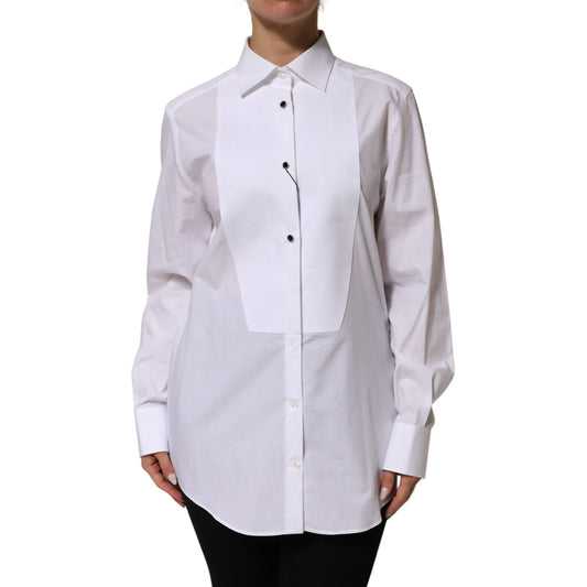 Dolce & Gabbana White Cotton Tuxedo Bib Long Sleeve Dress Shirt