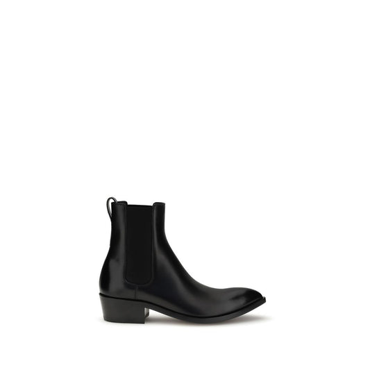 Tom Ford Black Calf Leather Bos Taurus Chelsea Boots with ankle-length design and side elastic for a snug fit.