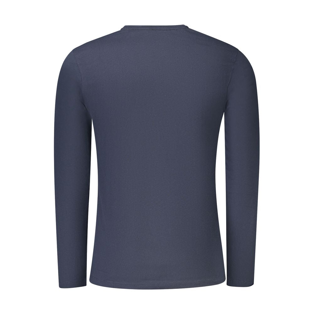 Rear view of Hugo Boss Blue Cotton Men T-Shirt in long-sleeve, crew neck design, showcasing iconic style and comfort.