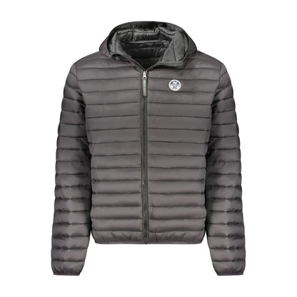 North Sails Black Polyester Men Jacket with hood and padding, showcasing sleek design and functionality.