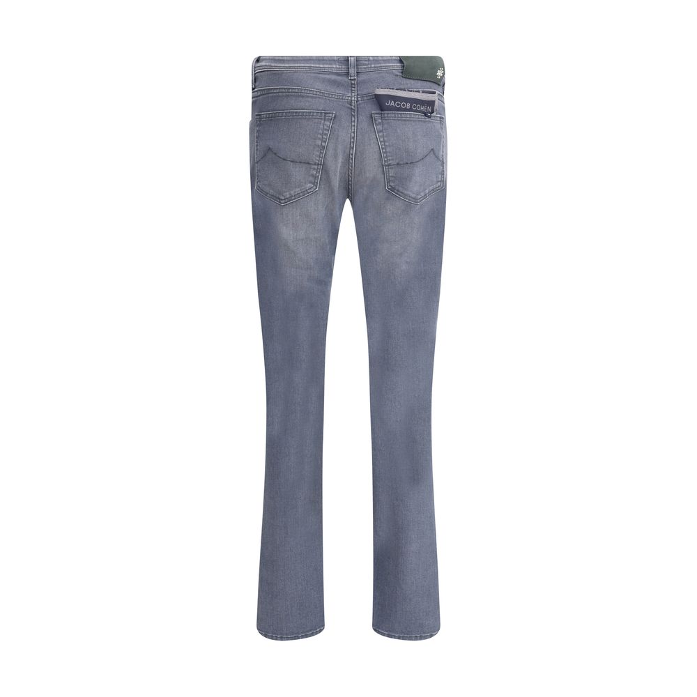 Jacob Cohen Gray Cotton Slim Fit Jeans showcasing back view, featuring classic five pockets and belt loops for a stylish look.