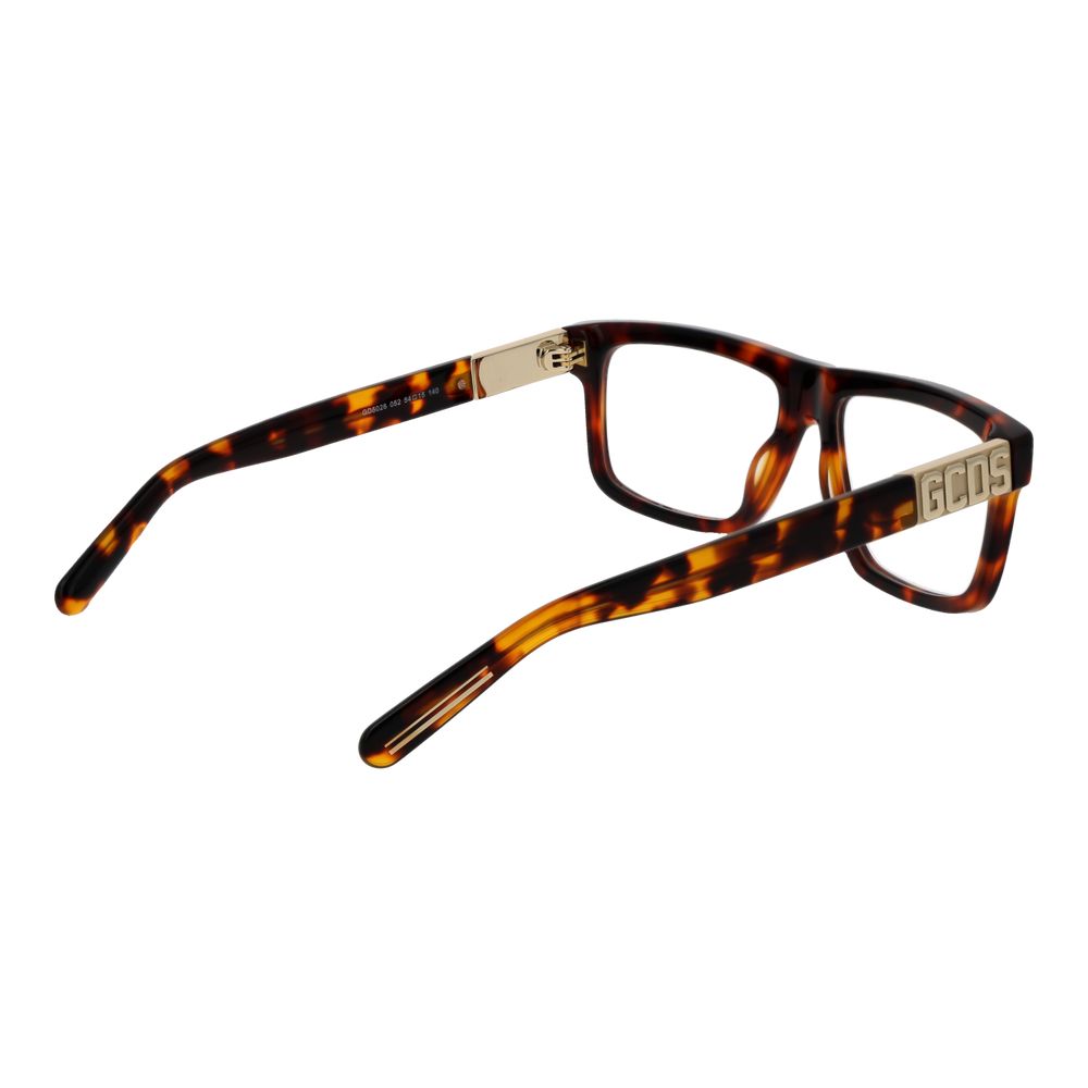GCDS Brown Unisex Glasses Frame, full-rim acetate with plastic demo lenses, rectangle style, includes branded case.