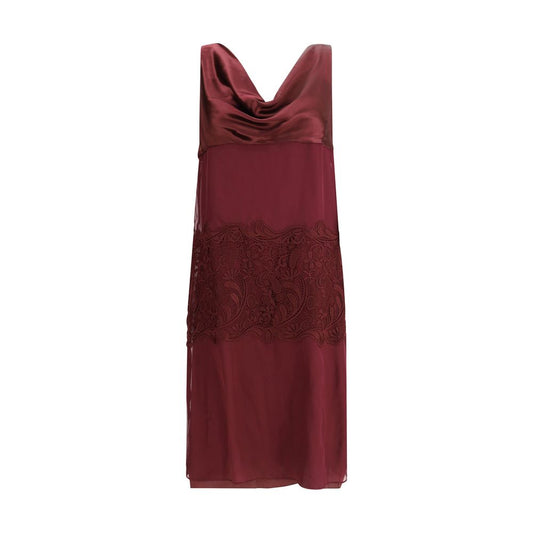 Ferragamo Bordeaux Silk Cocktail Dress with draped neckline and elegant see-through embroidery for refined 1920s-inspired elegance.