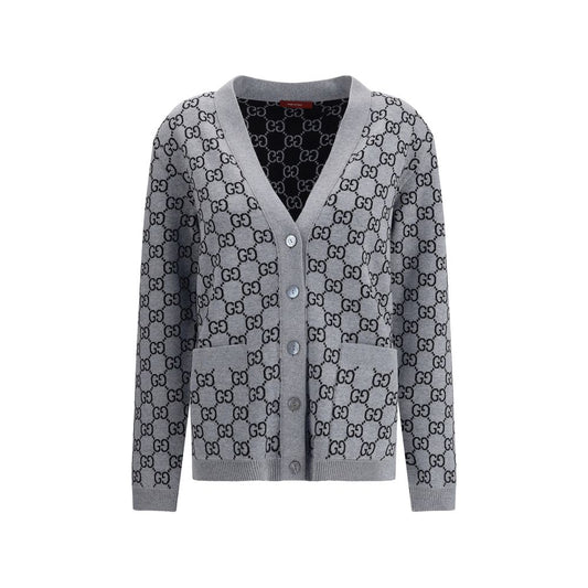 Gucci Black Wool Cardigan with GG Supreme pattern, V-neck, and pockets.
