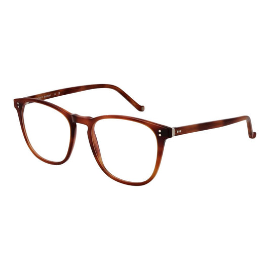 Hackett Brown Men Glasses Frame in brown acetate with full-rim square style and demo lenses, featuring a 52 lenses width.