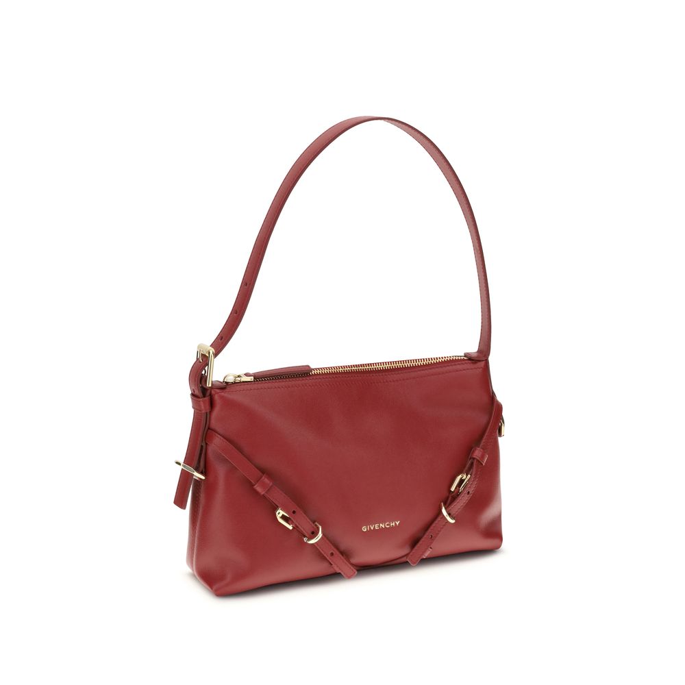 Givenchy Red Calf Leather Bos Taurus Shoulder Bag with gold-tone details and adjustable strap, featuring embossed Givenchy signature.
