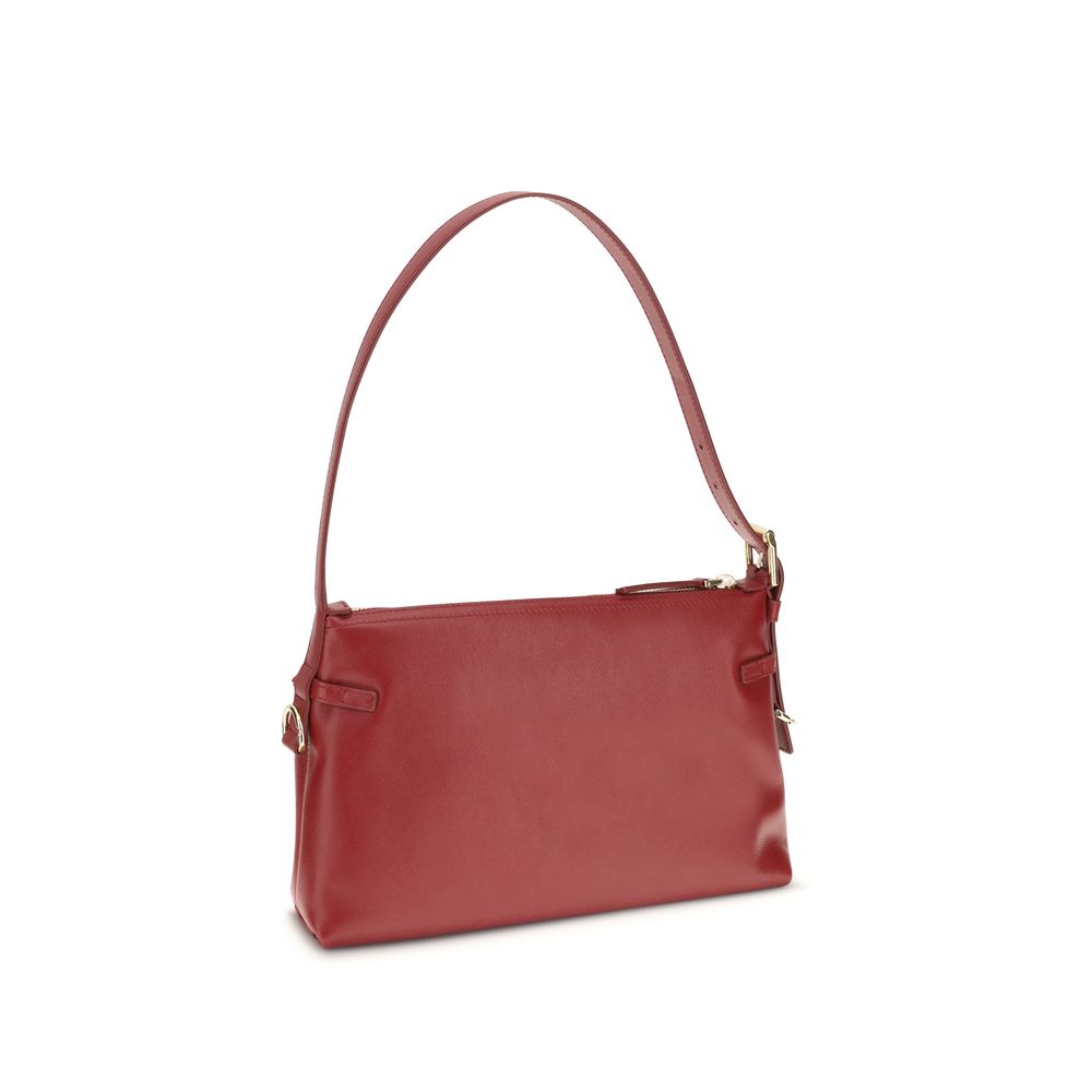 Givenchy Red Calf Leather Bos Taurus Shoulder Bag with gold-tone details and adjustable strap, embossed with GIVENCHY signature.