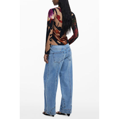 Back view of Desigual Brown Elastane Women T-Shirt with floral pattern, worn with blue jeans, highlighting style and comfort.
