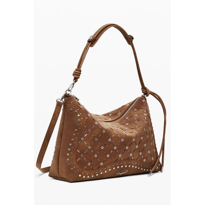Desigual Brown Polyethylene Women Handbag with removable shoulder handle and zip closure, showcasing chic design and prominent logo.