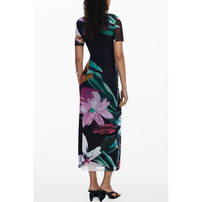Back view of Desigual Black Polyester Women Dress with bold floral patterns, showcasing short sleeves and long elegant fit.