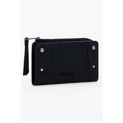 Desigual Black Polyethylene Women Wallet with embroidered patches and zip closure, featuring multiple compartments for essentials.