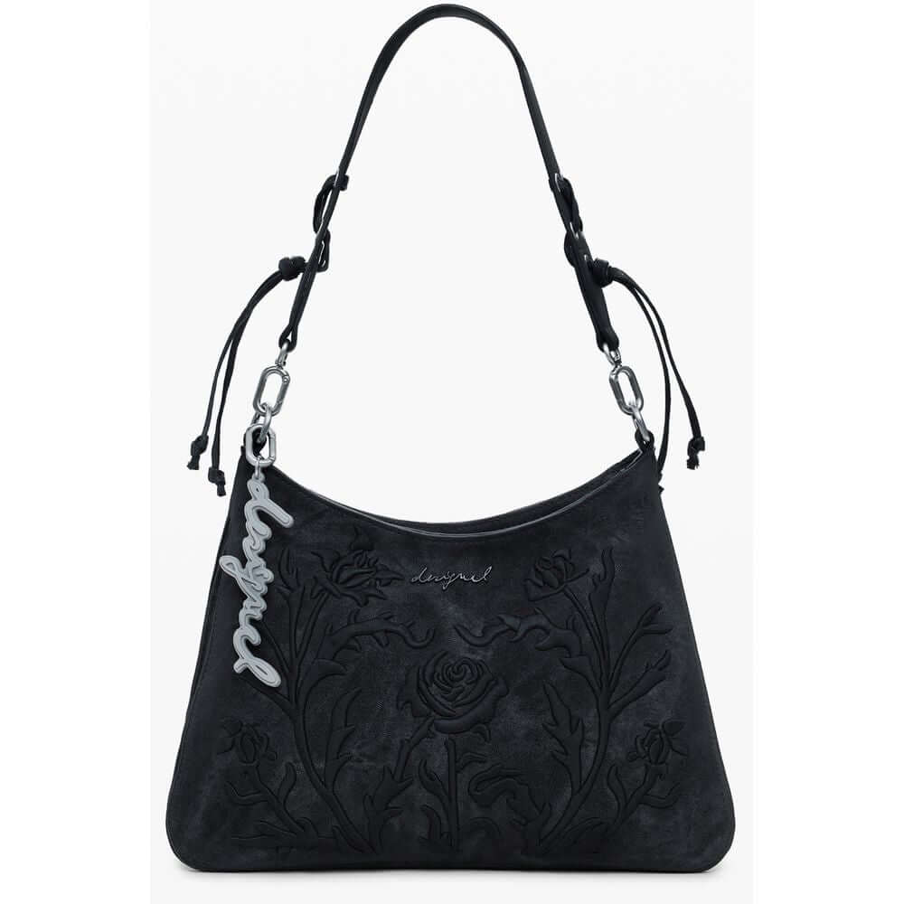 Desigual Black Polyethylene Women Handbag with floral embroidery, removable shoulder handle, and adjustable strap for versatile styling.