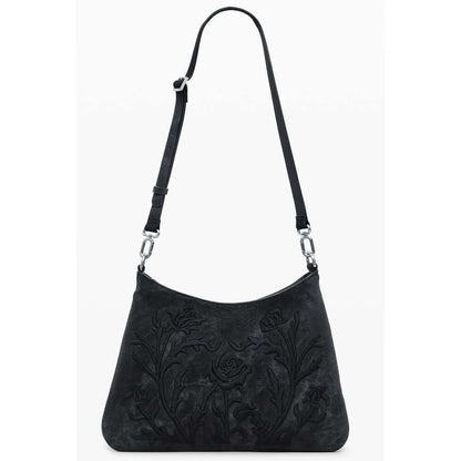 Desigual Black Polyethylene Women Handbag with floral embroidery and adjustable strap, ideal for stylish organization and versatile use.
