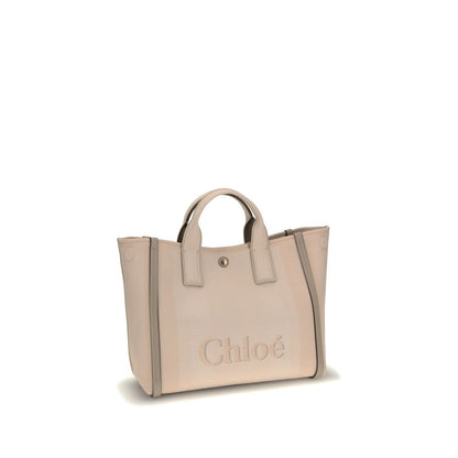 Chloé Beige Cotton Handbag with leather details, iconic monogram, and snap top closure for elegance and practicality.