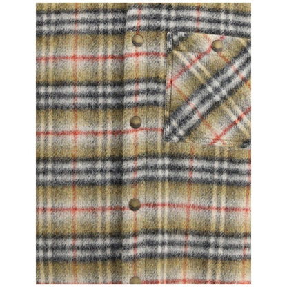 Close-up of Burberry Multicolor Wool Coat with iconic check pattern, patch pocket, snap-button closure, and classic British style, made of 100% wool.