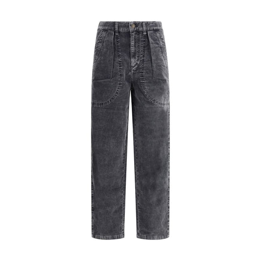 Marant Etoile Black Cotton Casual Pants with ribbed velvet, front pleats, and side pockets.
