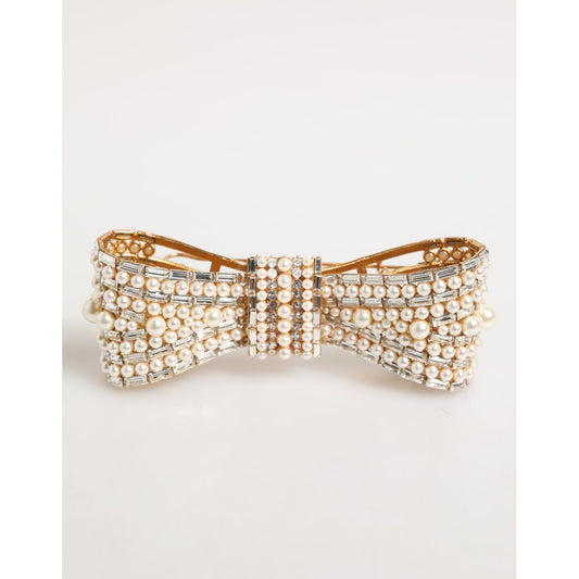 Dolce & Gabbana Gold Brass Glas Crystal Faux Pearl Embellished Brooch in bow shape with shimmering glass crystals and pearls.