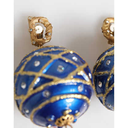 Dolce & Gabbana Gold Brass Blue Christmas Ball Crystal Drop Clip On Earrings