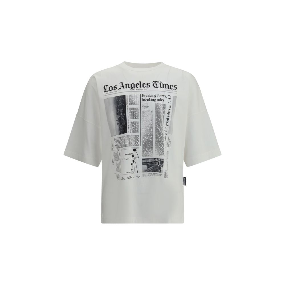 Palm Angels White Cotton T-Shirt with newspaper print, crew neckline, and short sleeves, perfect for an urban style. AW25 Collection.
