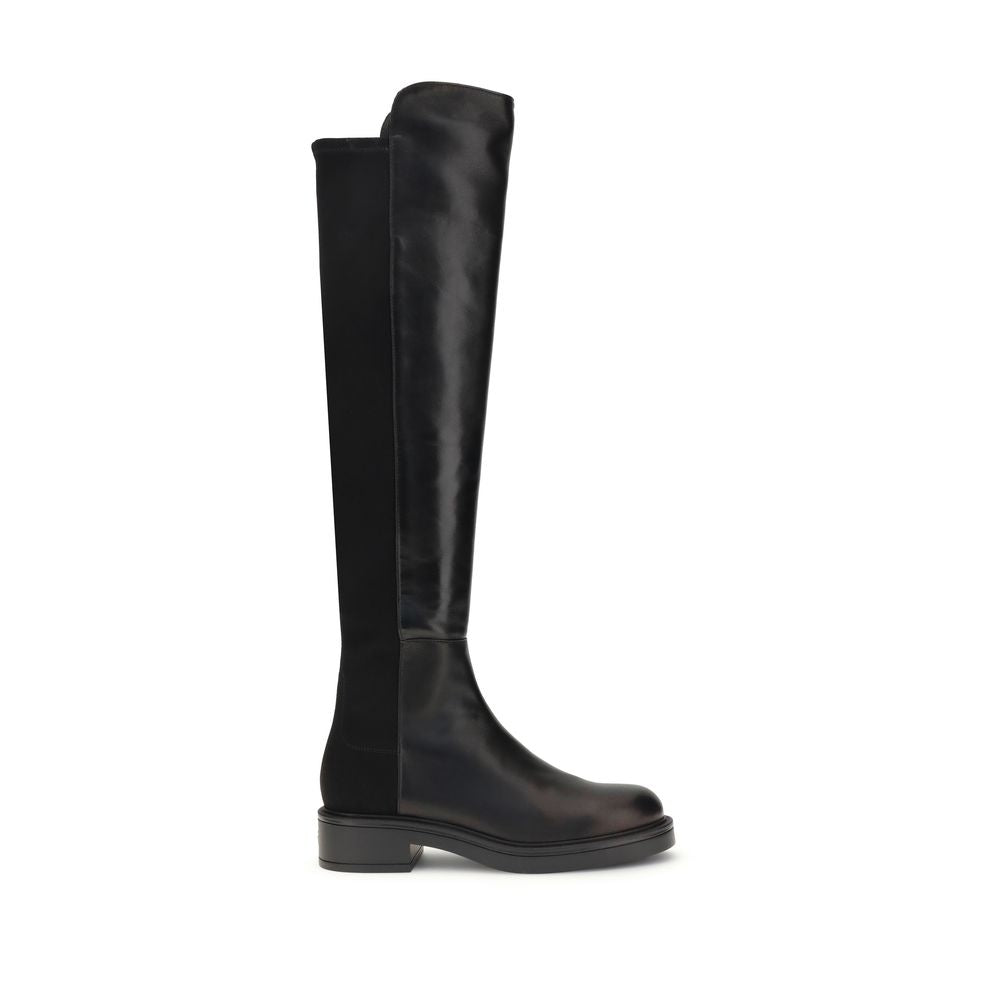 Stuart Weitzman Black Leather Over The Knee boots with block heel and elastic back for a snug fit, elegant and versatile design.