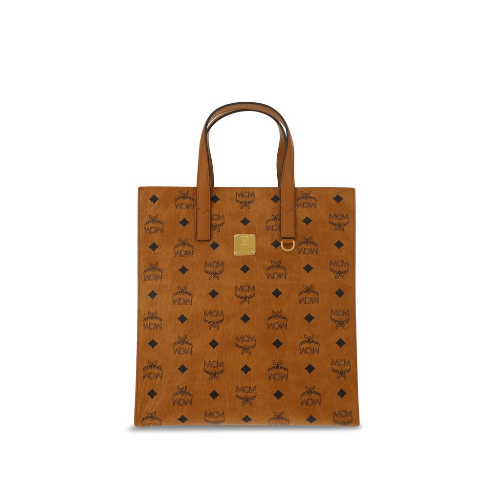 MCM Brown Polyethylene Shoulder Bag with monogram pattern and double handles.