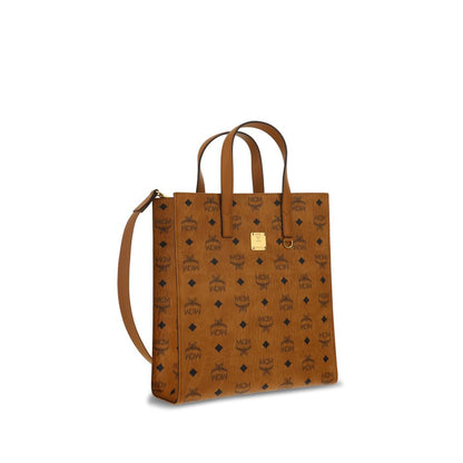 MCM Brown Polyethylene Shoulder Bag with iconic monogram, double handles, and plaque on front.