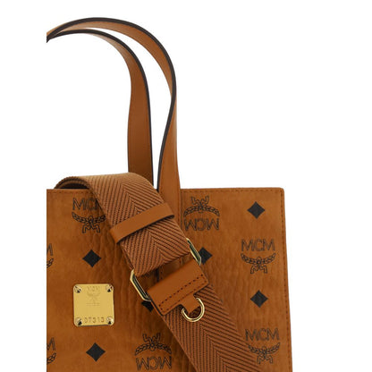 MCM Brown Polyethylene Shoulder Bag with monogram pattern and gold plaque, featuring an adjustable strap and magnetic closure.