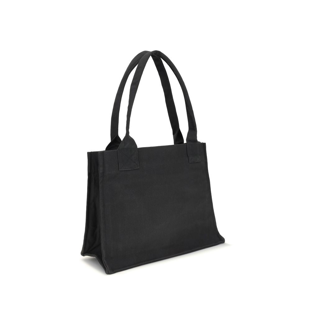 Ganni Black Cotton Shoulder Bag with top handles and spacious interior, featuring puppy graphics and embroidered logo, perfect for everyday use.