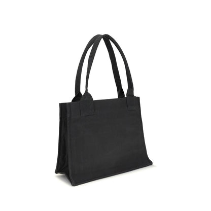 Ganni Black Cotton Shoulder Bag with top handles and spacious interior, featuring puppy graphics and embroidered logo, perfect for everyday use.