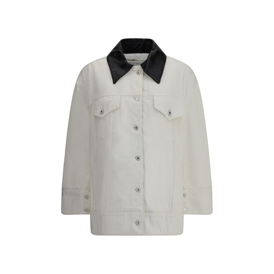 Givenchy White Cotton Denim Jacket with leather collar, logo appliqué, and oversized silhouette, featuring chest flap pockets and button closure.