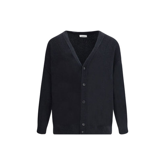 Laneus Black Cashmere Cardigan with oversized fit and ribbed hem, featuring V-neckline and front button closure for stylish comfort.