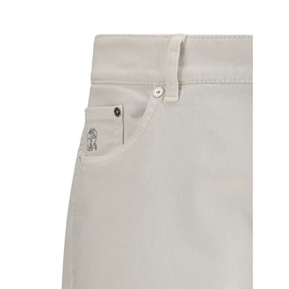 Brunello Cucinelli White Cotton Slim Fit Jeans with front pocket detail and metal button closure.