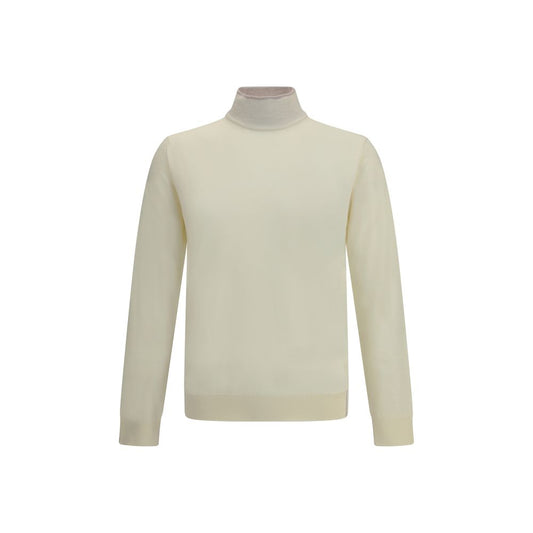 Cruna Cream Wool Turtleneck sweater with ribbed collar and cuffs, ideal for winter elegance and comfort, 100% wool, AW25 collection.