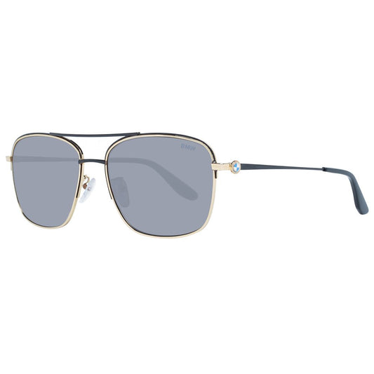 BMW Gold Men Sunglass, gold metal full-rim aviator with grey lenses, 60-18-150 size, 100% UVA & UVB protection, includes branded case.