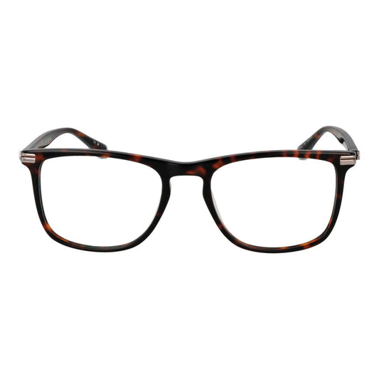 Front view of Scotch & Soda Brown Men Glasses Frame in acetate with full-rim rectangle design, demo lenses, and branded case.