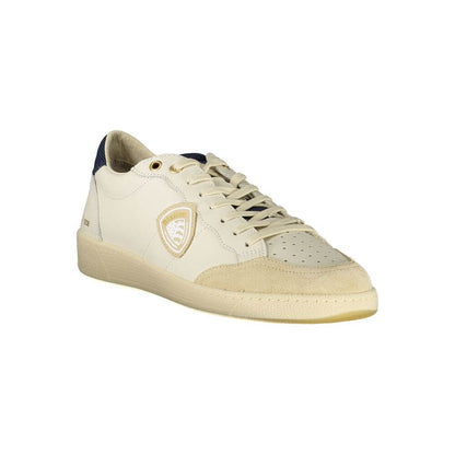 Blauer White Polyester Sneaker with blue details, laces, removable insole, and logo.
