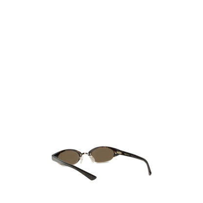 Alexander McQueen Brown Acetate Sunglasses with narrow oval silhouette and McQueen logo on temples.