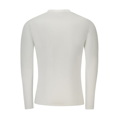 Back view of Guess Jeans White Cotton T-Shirt, long sleeve, super slim fit, V-neck, with applique logo, made of organic cotton.