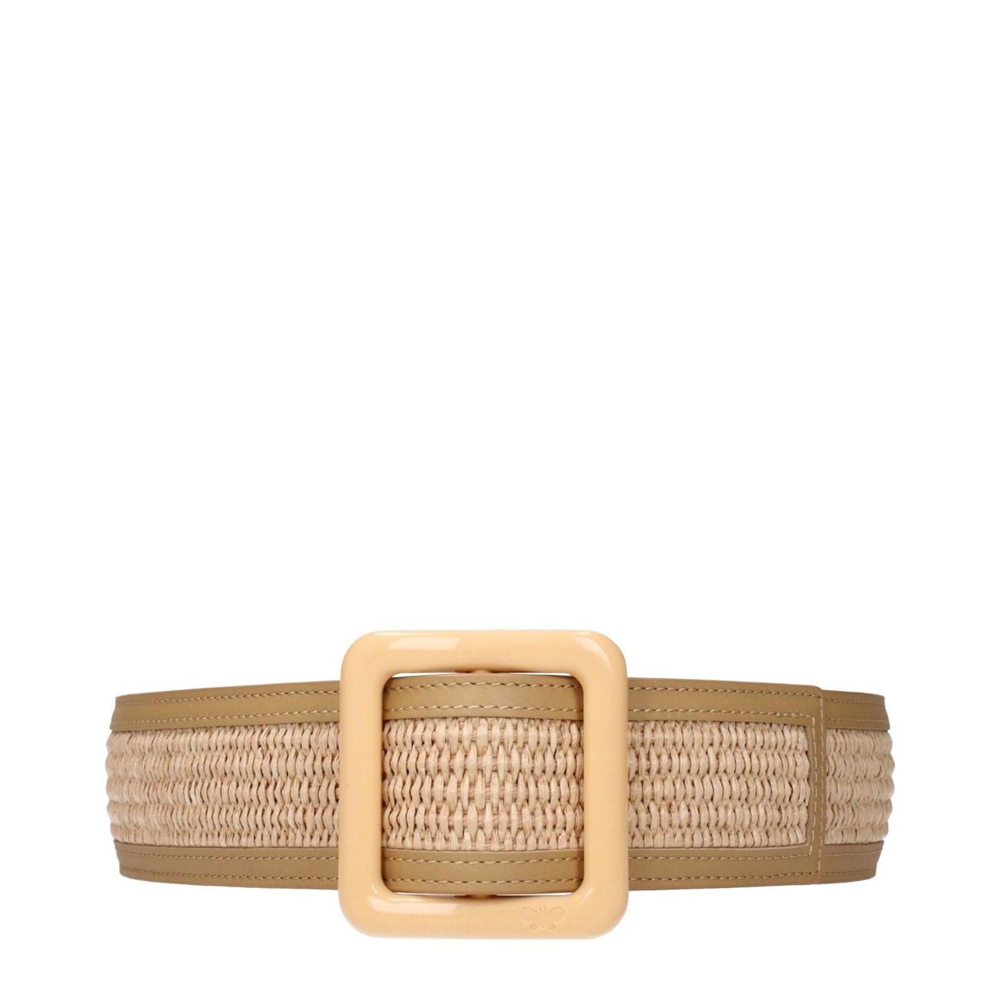 Max Mara Beige Raffia Belt with front detail, stylish fashion accessory with a beige woven design and prominent front buckle.
