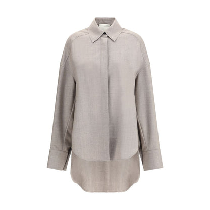 Di Stavnitser Gray Fleece Wool Dress Shirt with classic collar and asymmetrical hem, contemporary oversize design for AW25 season.