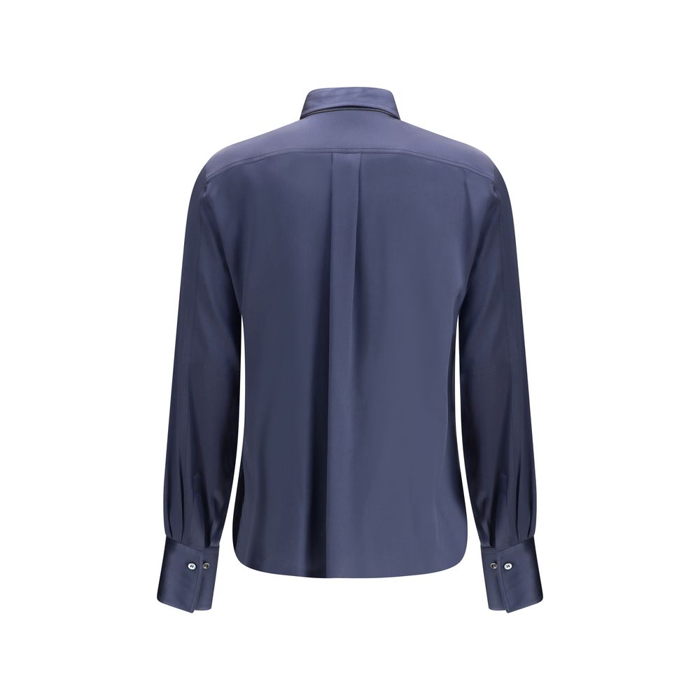 Back view of Brunello Cucinelli Blue Silk Blouse with elegant satin finish and monile embroidery on collar for AW25 season.