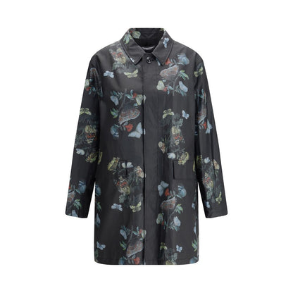 Undercover Black Cotton Coat with floral pattern, featuring waxed cotton, front flap pockets, and cotton lining for versatile style.