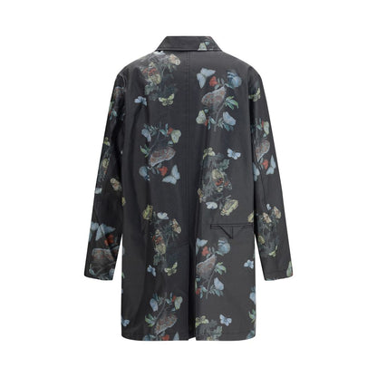 Undercover Black Cotton Coat with butterfly pattern, waxed cotton raincoat, balmacaan style, autumn-winter outerwear