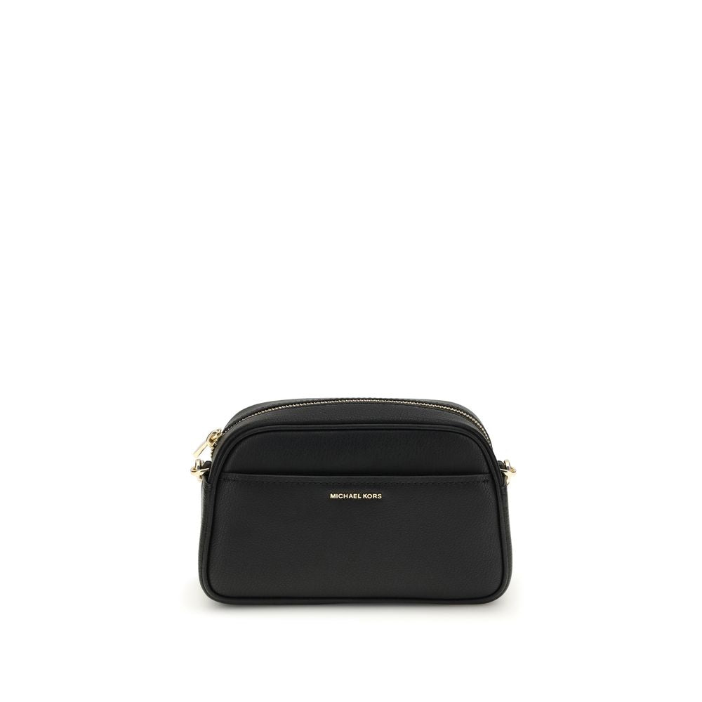 Michael Kors Black Calf Leather Bos Taurus Shoulder Bag with gold-tone details and adjustable strap, front view, AW25 collection.