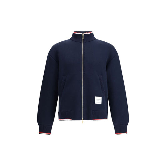 Thom Browne Blue Cotton Bomber with zipper, tricolor details, and brand logo patch, perfect for a modern, refined look, AW25, oversize fit.