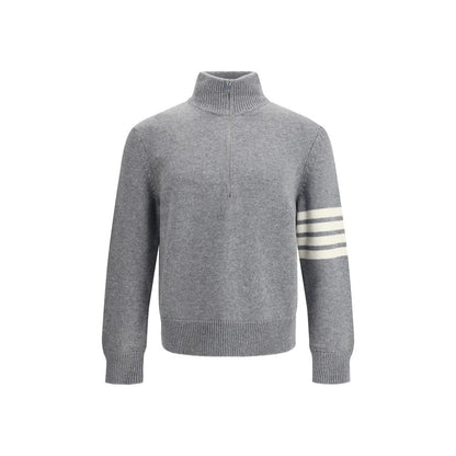 Thom Browne Gray Fleece Wool Sweatshirt with 4-Bar intarsia and half-zip collar, blending comfort and sophistication.