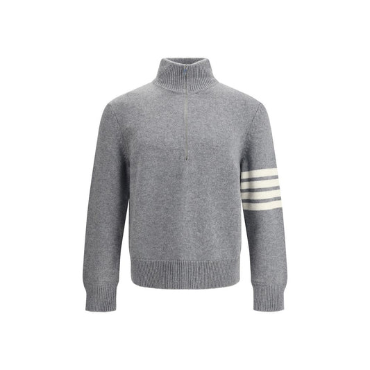 Thom Browne Gray Fleece Wool Sweatshirt with 4-Bar intarsia and half-zip collar, blending comfort and sophistication.